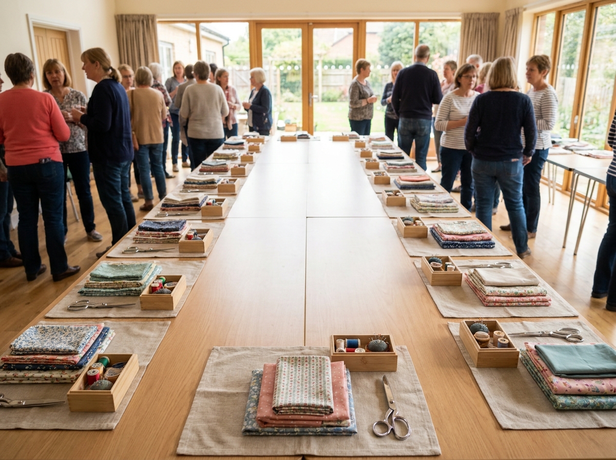 Workstations prepared with fabric and materials for a sewing workshop.