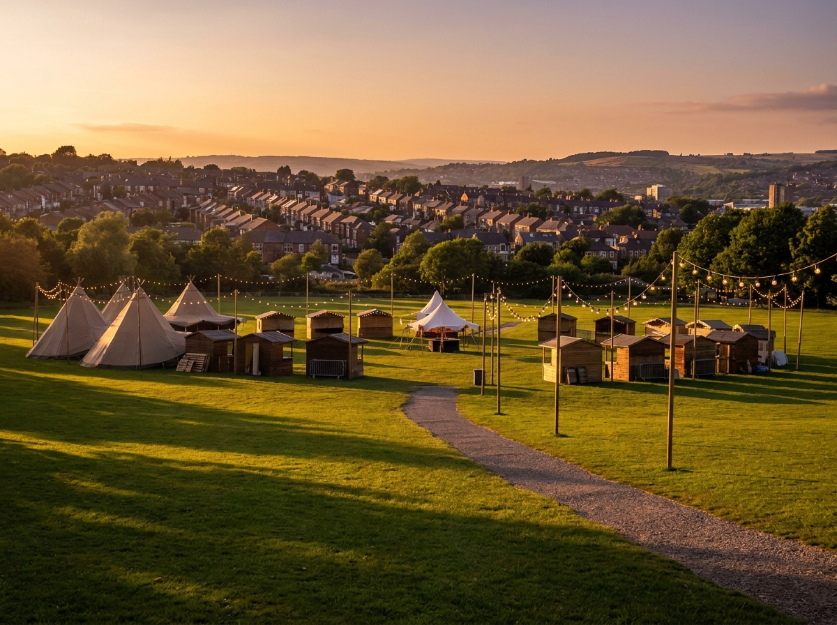 A park in Sheffield prepared for an outdoor festival at sunset.