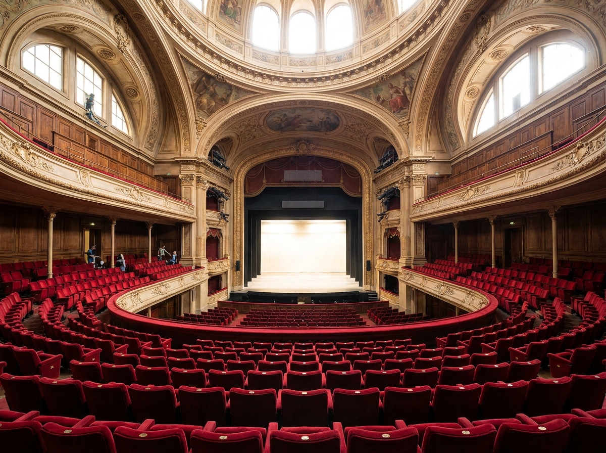 Empty seats in a classic theatre in Sheffield, facing the stage.
