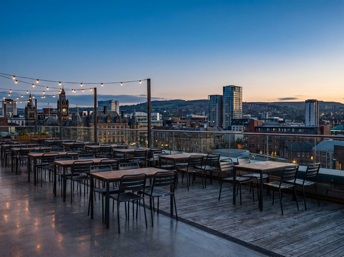 An empty rooftop event space with a view over the Sheffield city skyline at dusk.