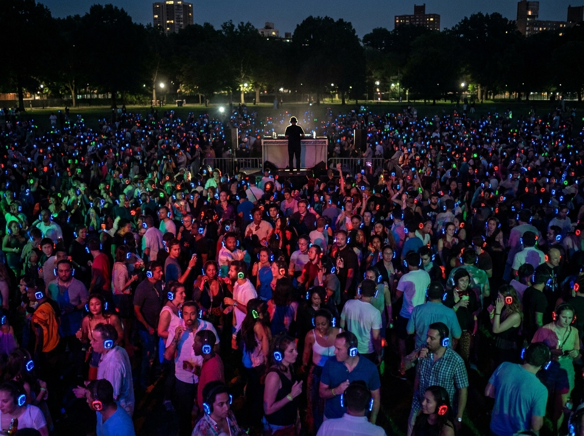 A DJ performing for a large crowd at a silent disco event.