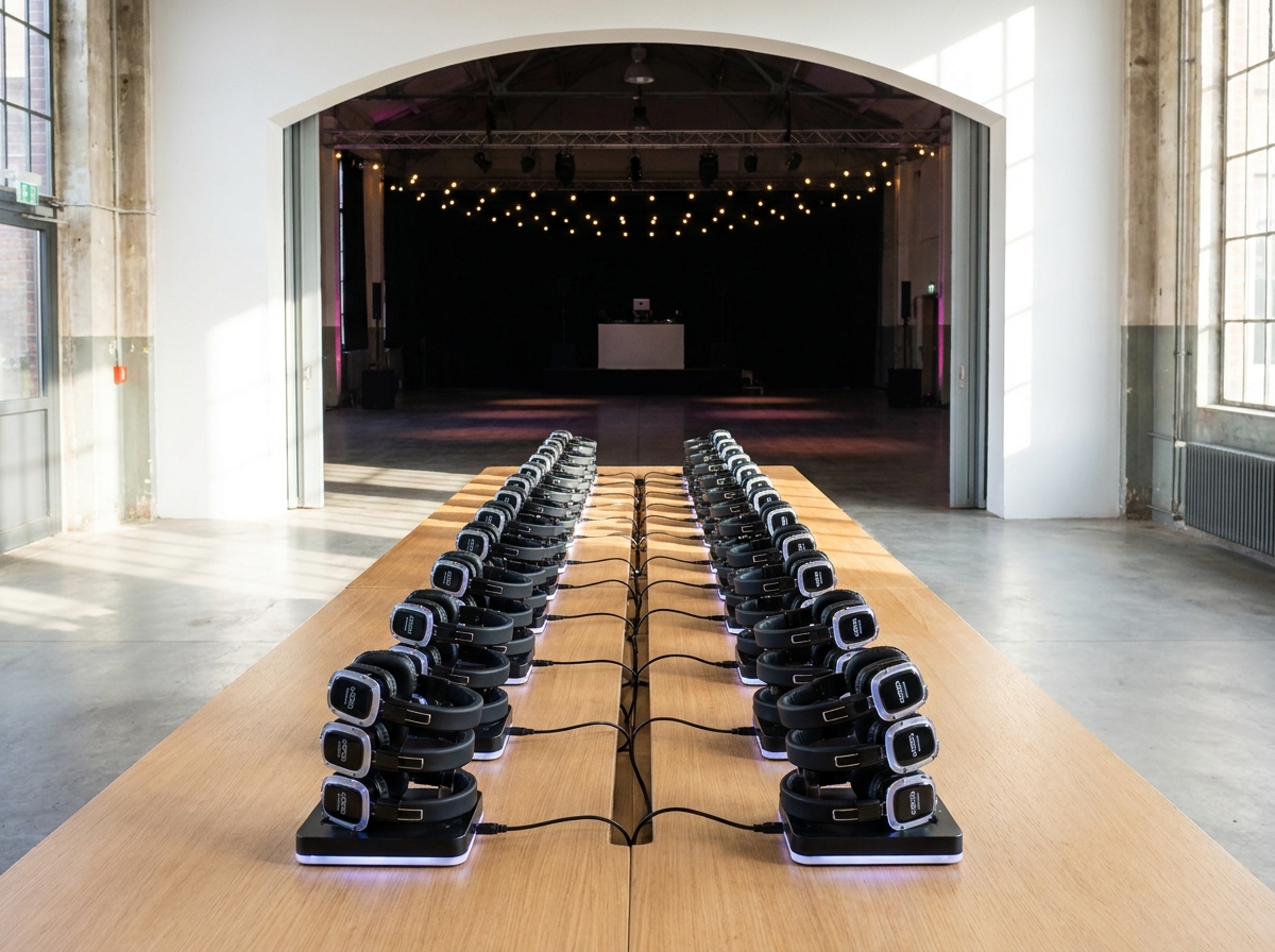 Wireless headphones for a silent disco, charged and ready for guests.