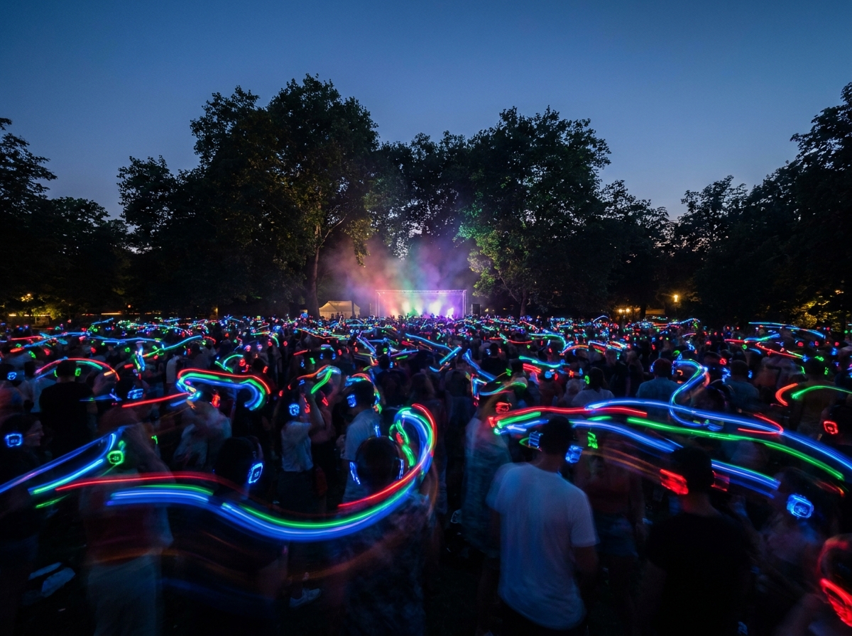 Abstract light trails representing the energy of a silent disco.