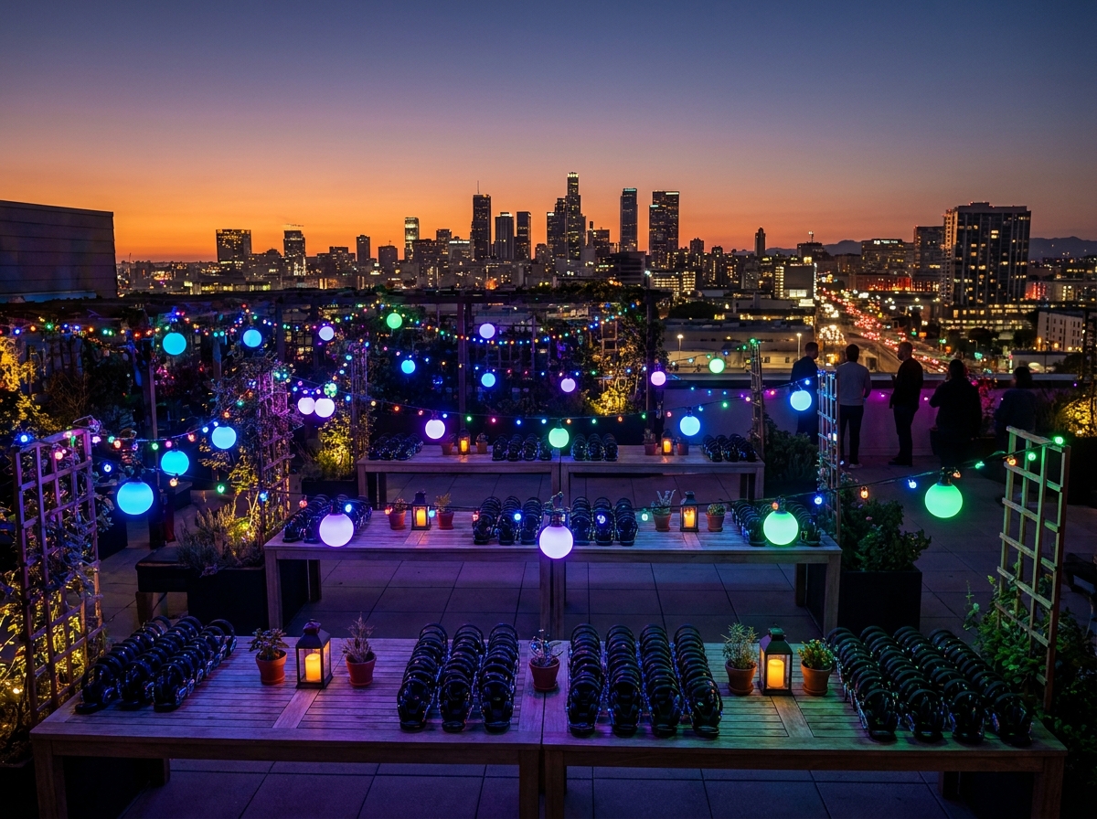 An empty rooftop venue prepared for a silent disco event at sunset.