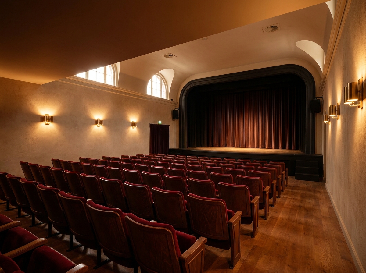 Rows of empty seats in a small theater before a comedy show.