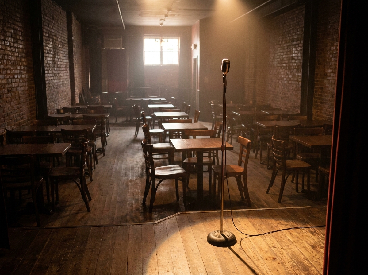 A microphone on stage in an empty comedy club in Sioux Falls.