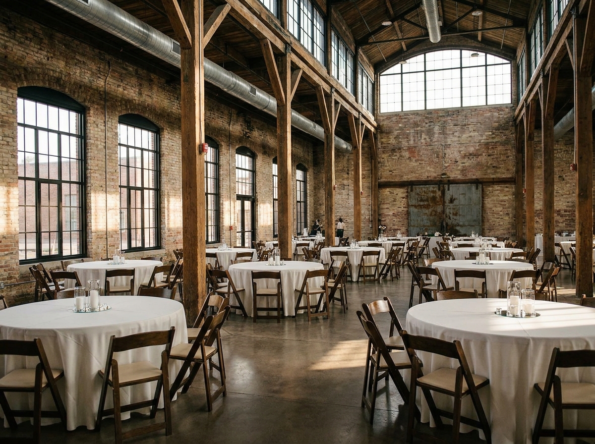 An empty, rustic-chic event venue in Sioux Falls prepared for a reception.