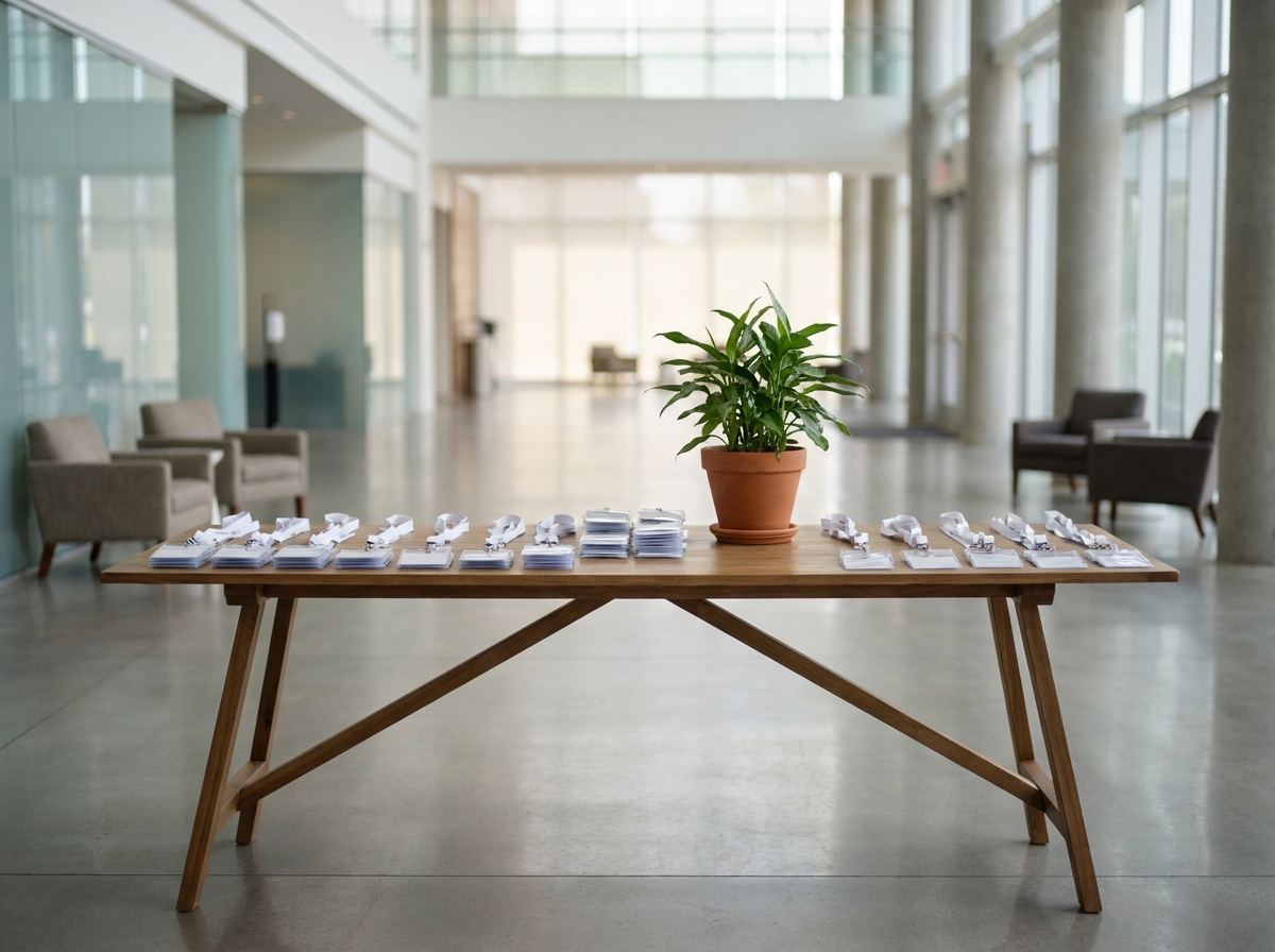 A professional check-in table ready for attendees at a Sioux Falls conference.