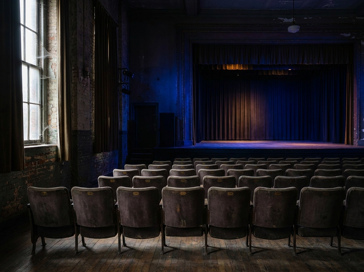 Empty reserved seats in a small theater before a performance.