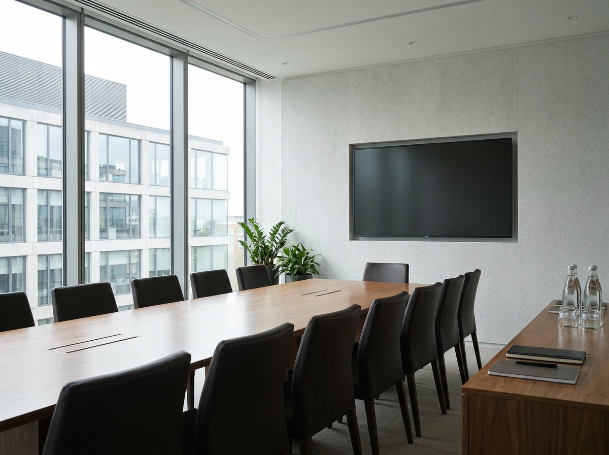 An empty professional conference room set up for a business event.