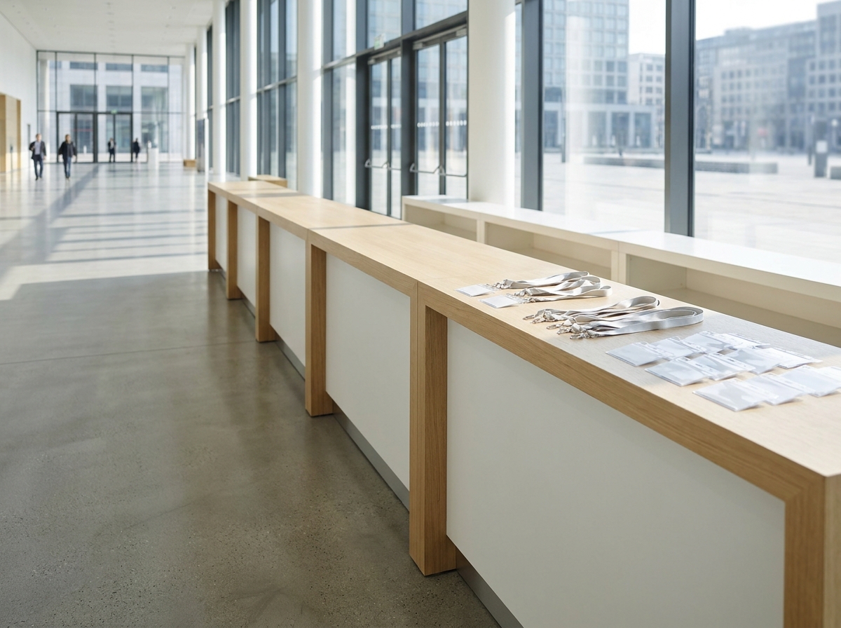 An empty registration desk prepared with name badges for a networking event.
