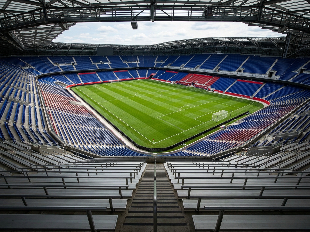 View of a pristine soccer field from the stadium stands before a match.