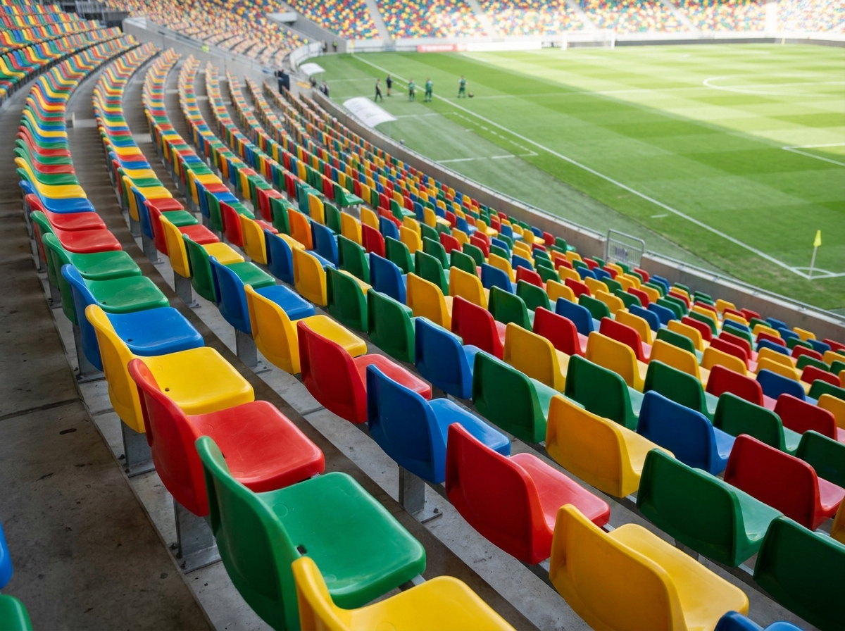 Empty stadium seating ready to be filled by soccer fans.