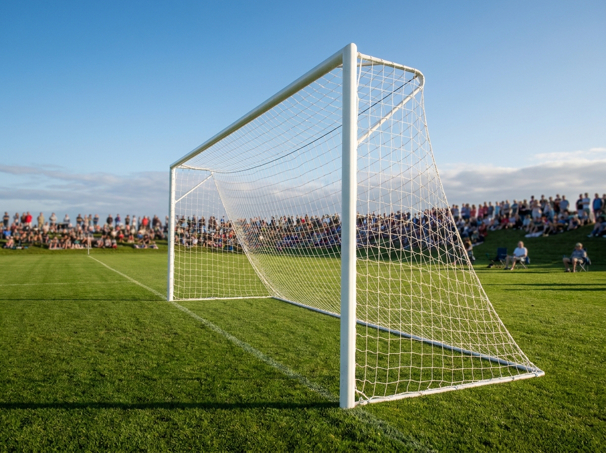 A soccer goal and net on a well-kept green field.