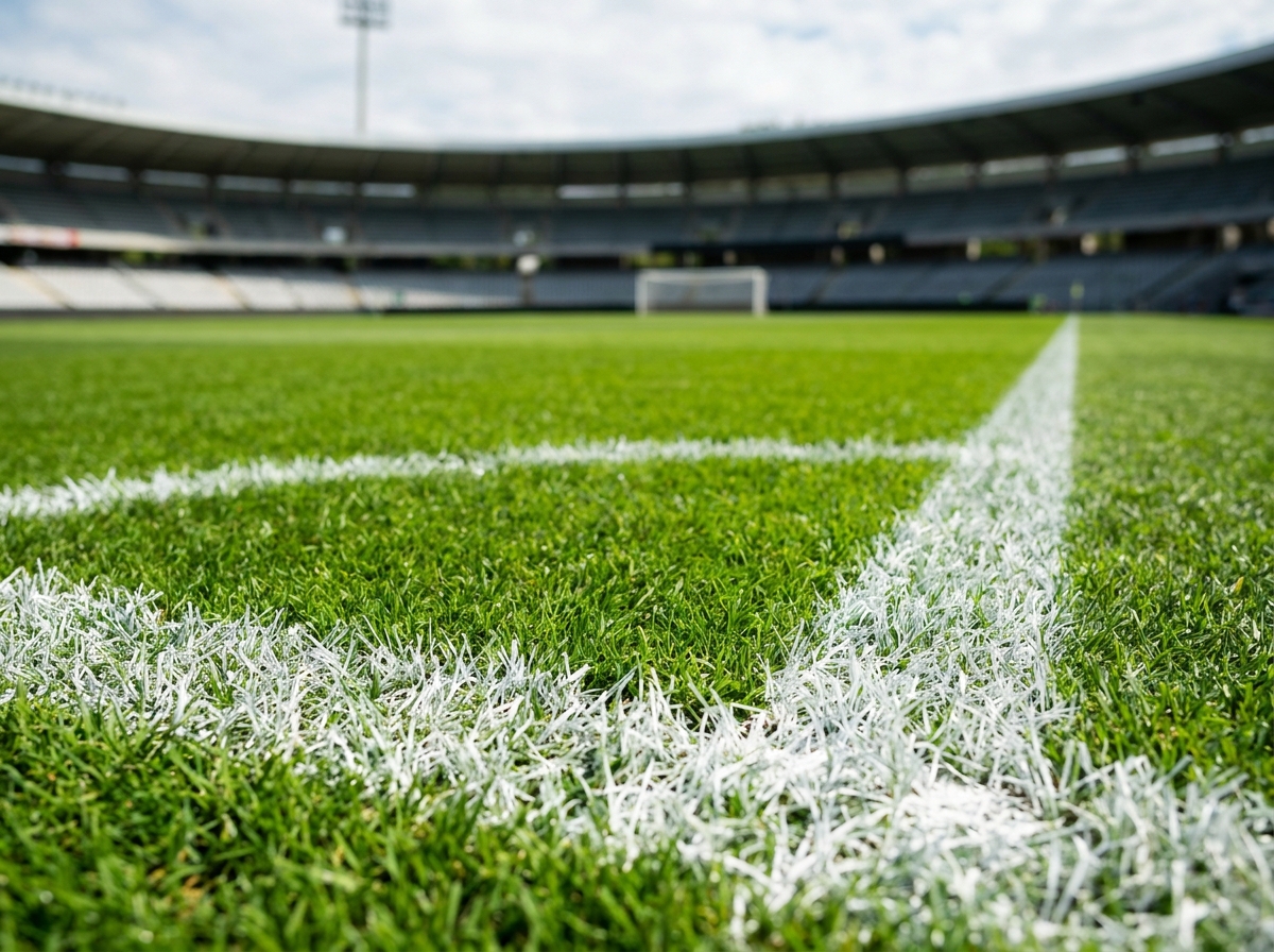 White boundary lines painted on the green grass of a soccer field.