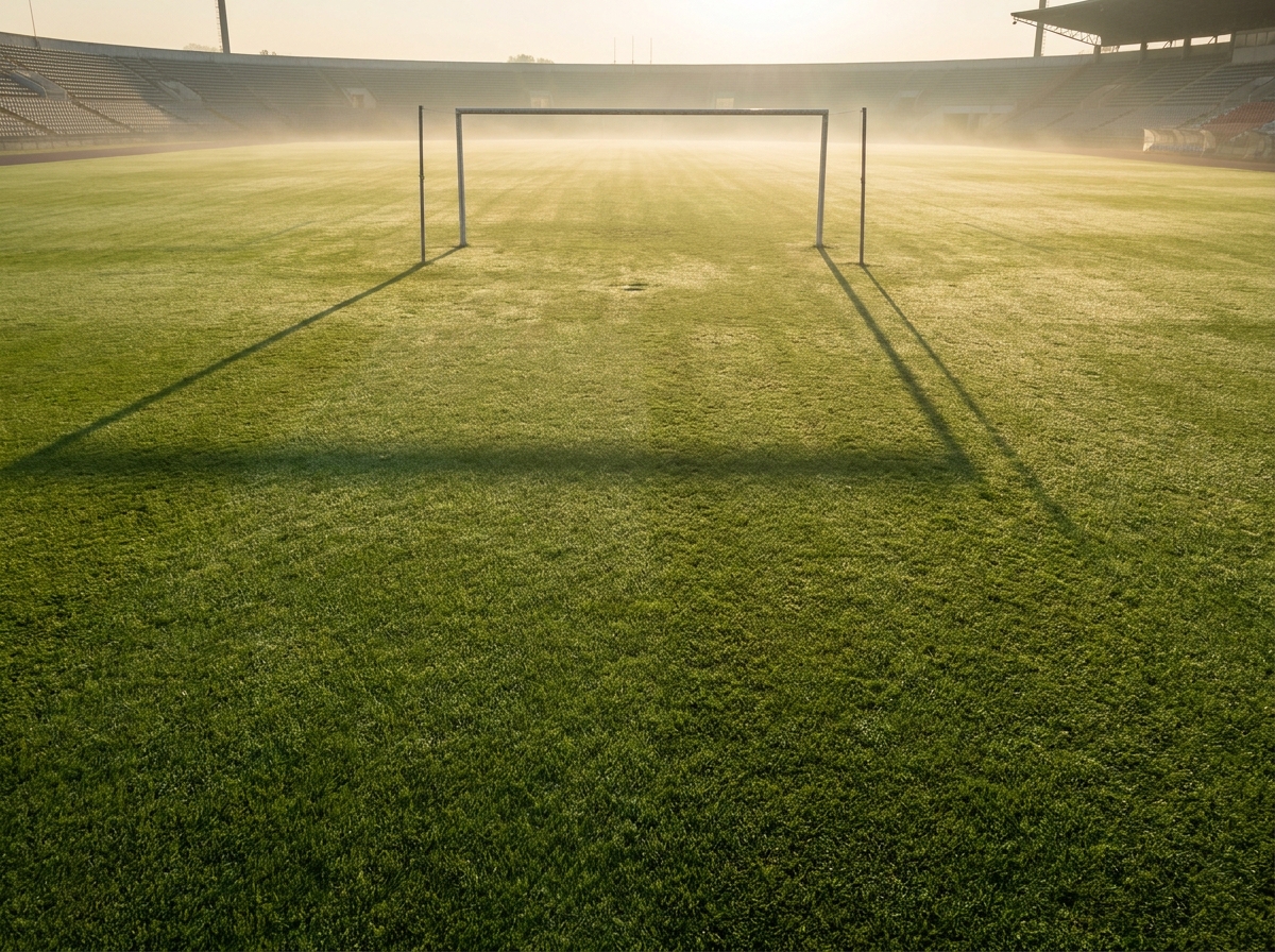 An empty soccer field at sunrise, prepared for an upcoming soccer event.