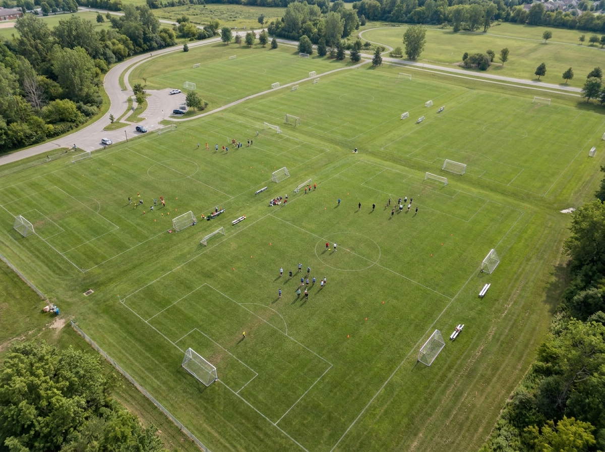 Aerial view of a multi-field soccer complex prepared for a tournament.