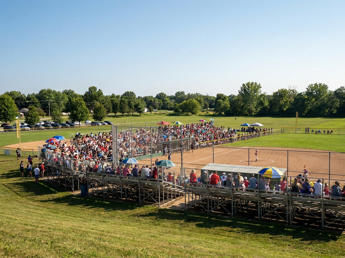 Fans watching a softball game from the bleachers on a sunny day.