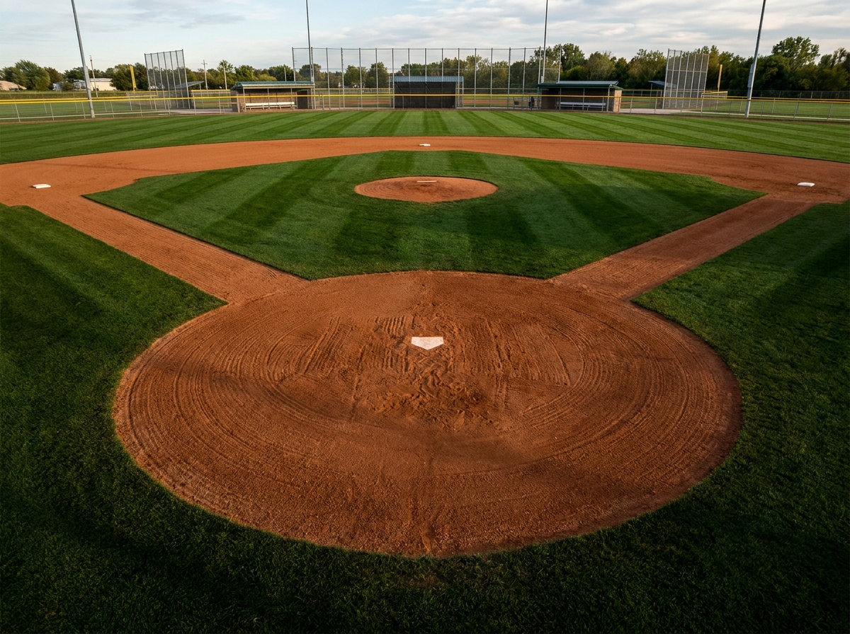A clean and empty softball infield, ready for a tournament to begin.