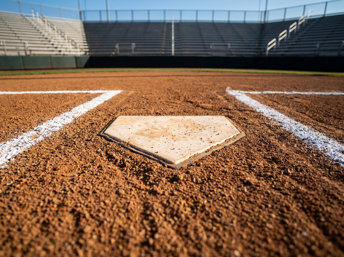 A close-up view of home plate on a softball field.