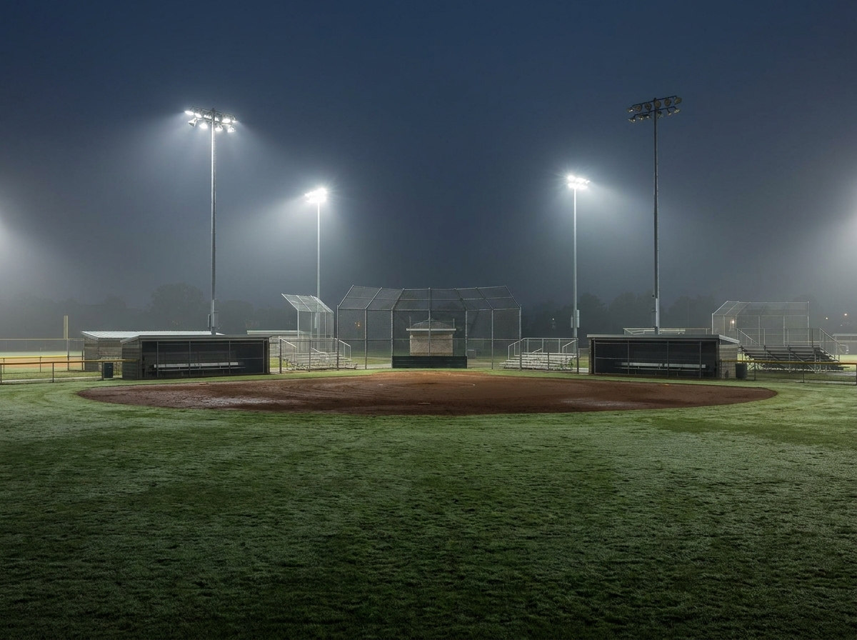 A dramatic view of an empty softball field illuminated by bright lights at night.