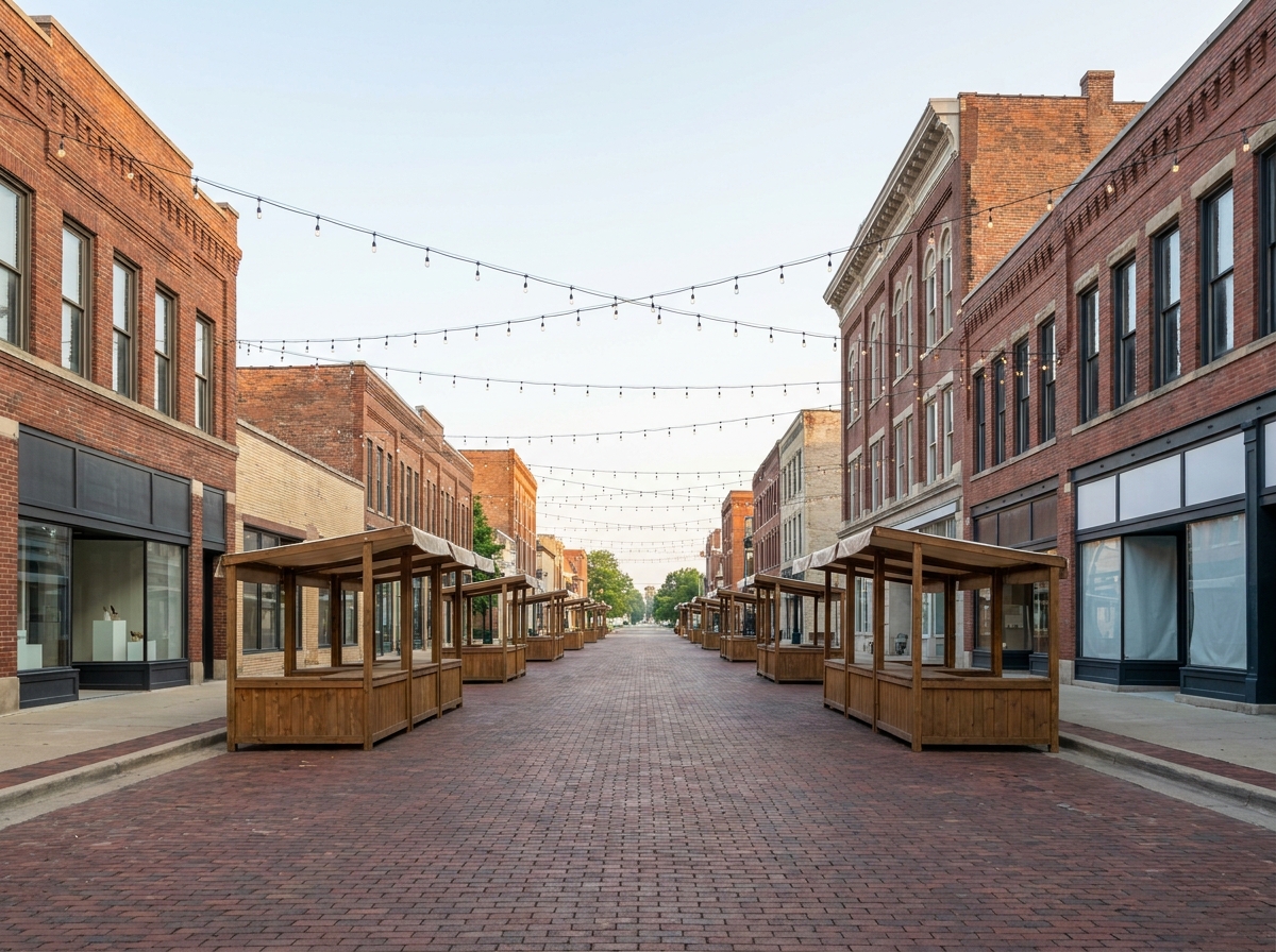 An empty street in downtown South Bend prepared for a festival.