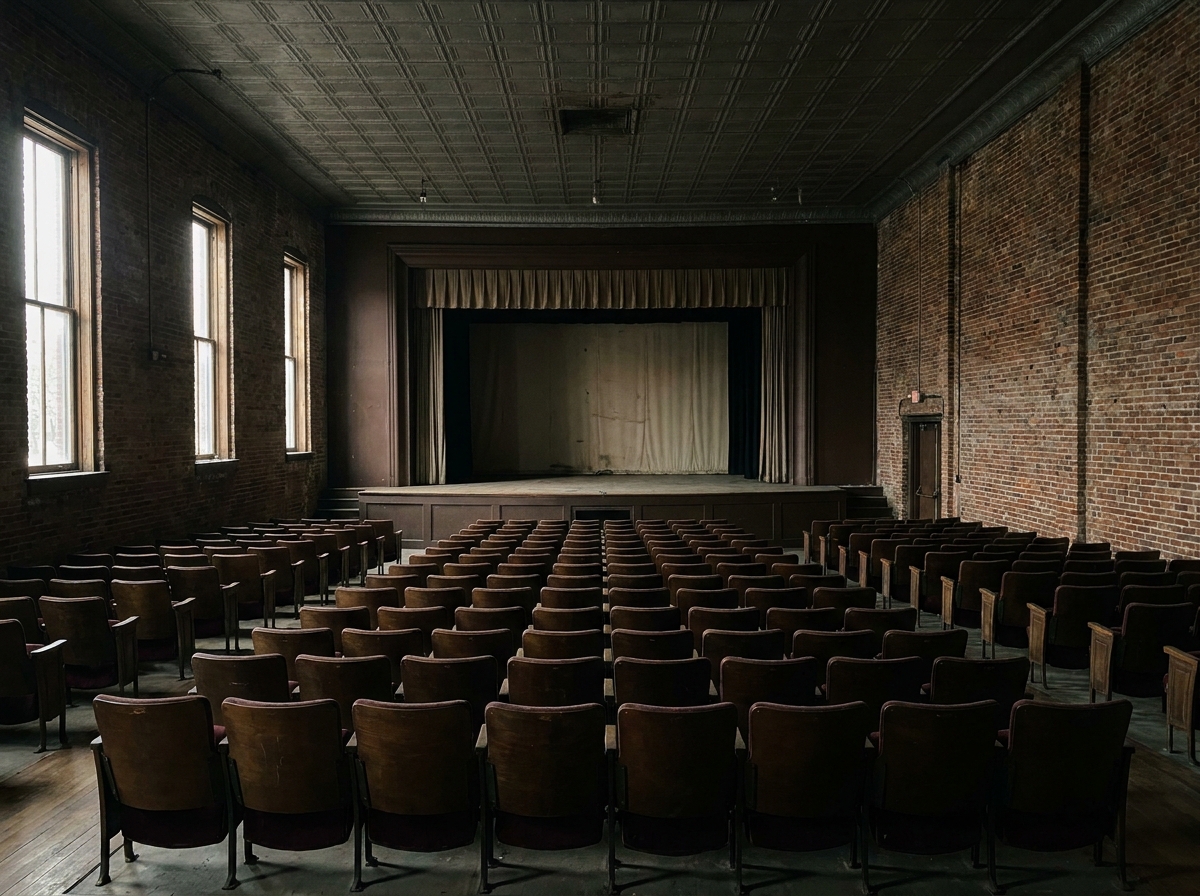 Empty seats facing a stage inside a historic South Bend theater.