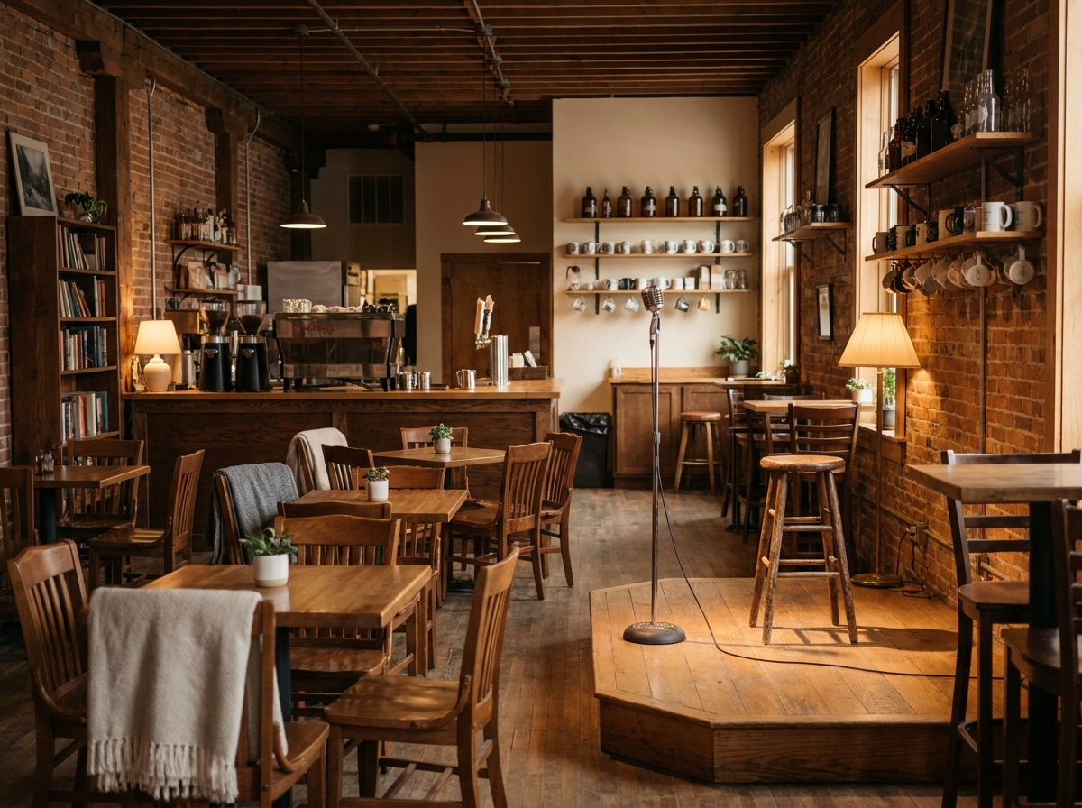 An intimate venue in South Bend set up for a live music performance.