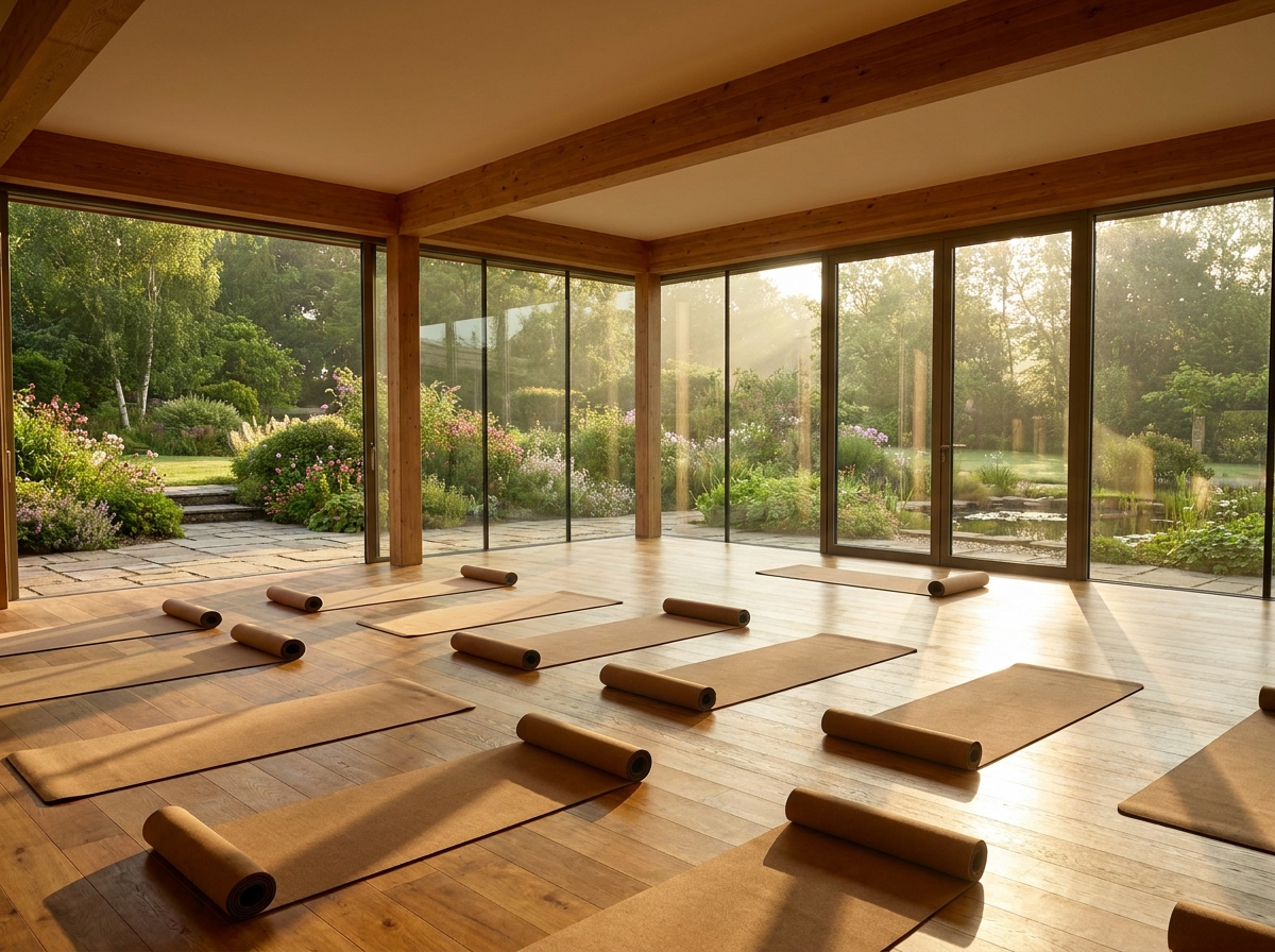 A peaceful yoga studio ready for a wellness event.
