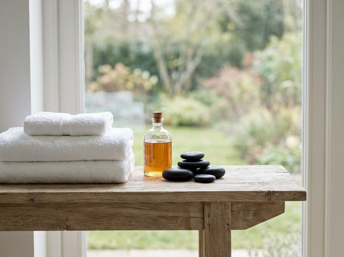 Neatly arranged spa supplies, including towels and massage stones.