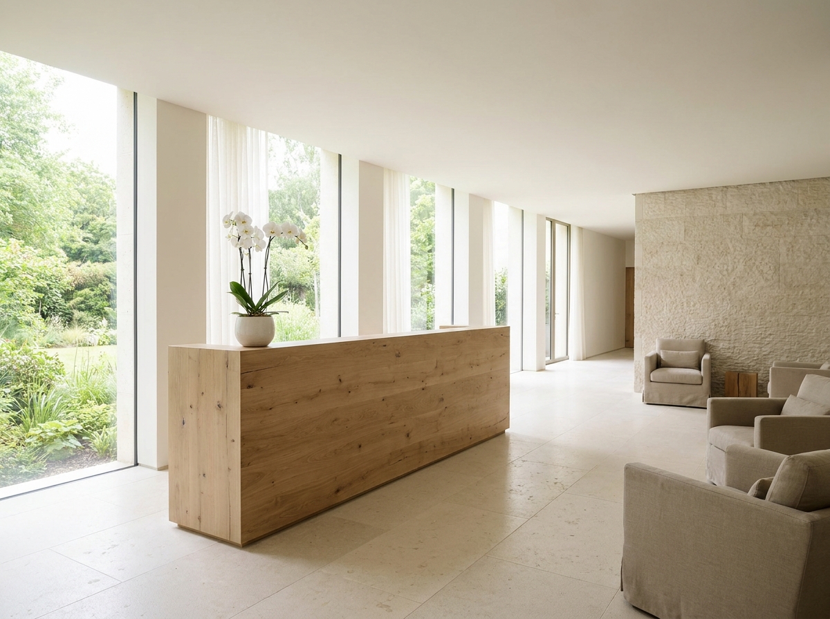 The calm and empty reception desk of a modern spa.