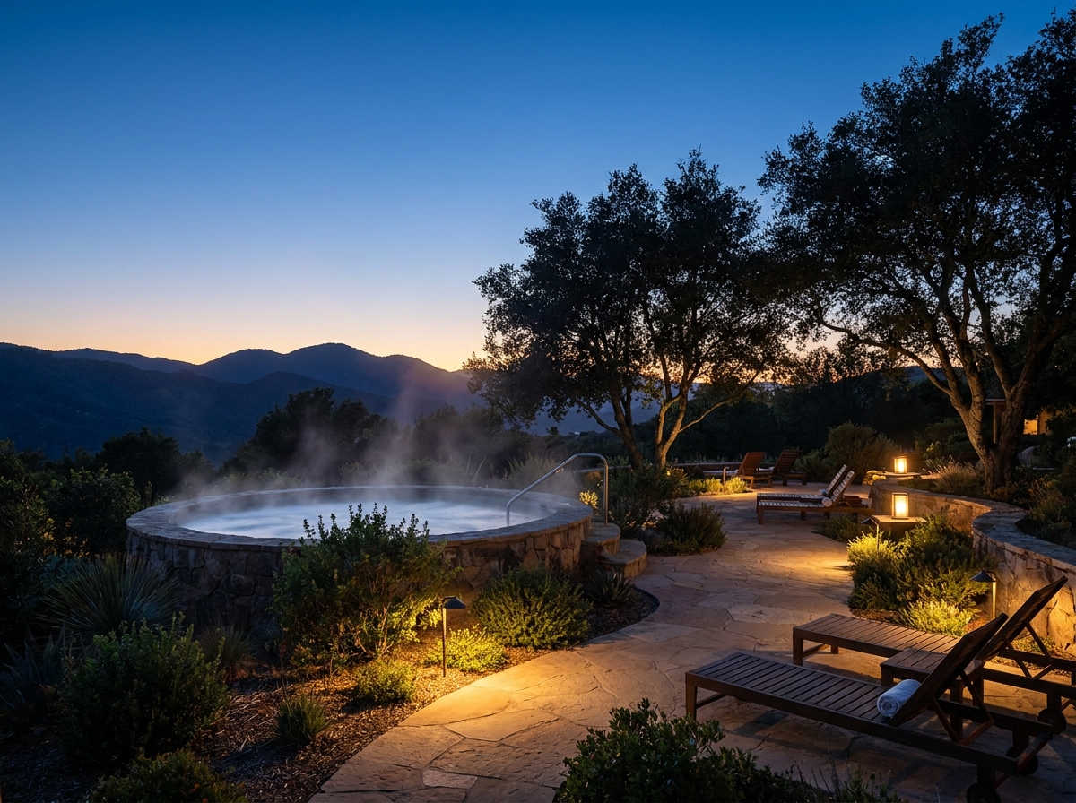 An empty, steaming outdoor hot tub at a spa in the evening.