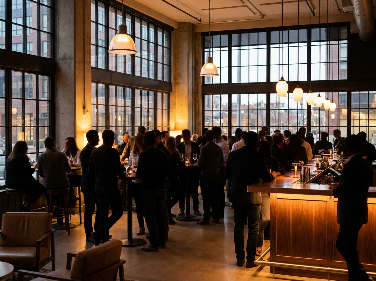 A crowd of people mingling and socializing at a singles mixer event.