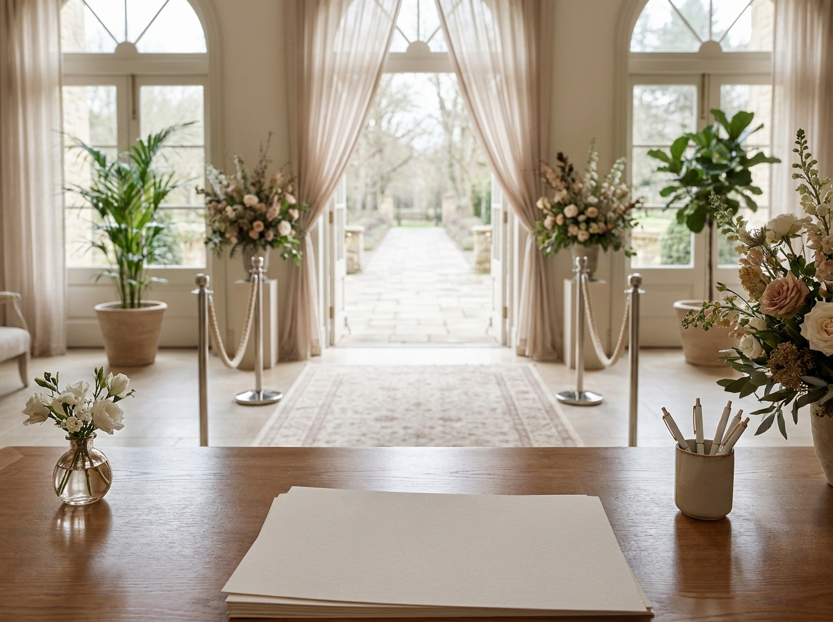The entrance and registration area for a matchmaking event, ready for guests to arrive.