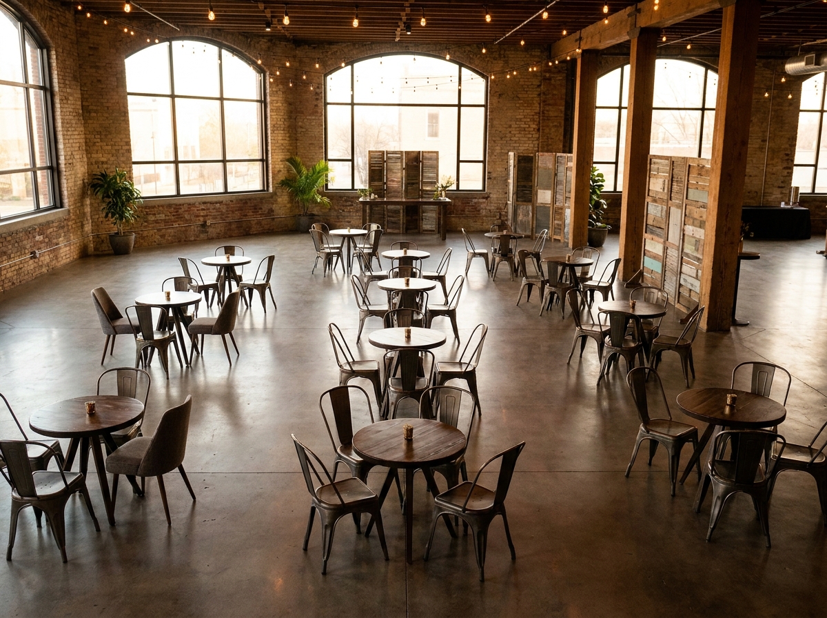 An empty, beautifully arranged venue prepared for a social singles event.