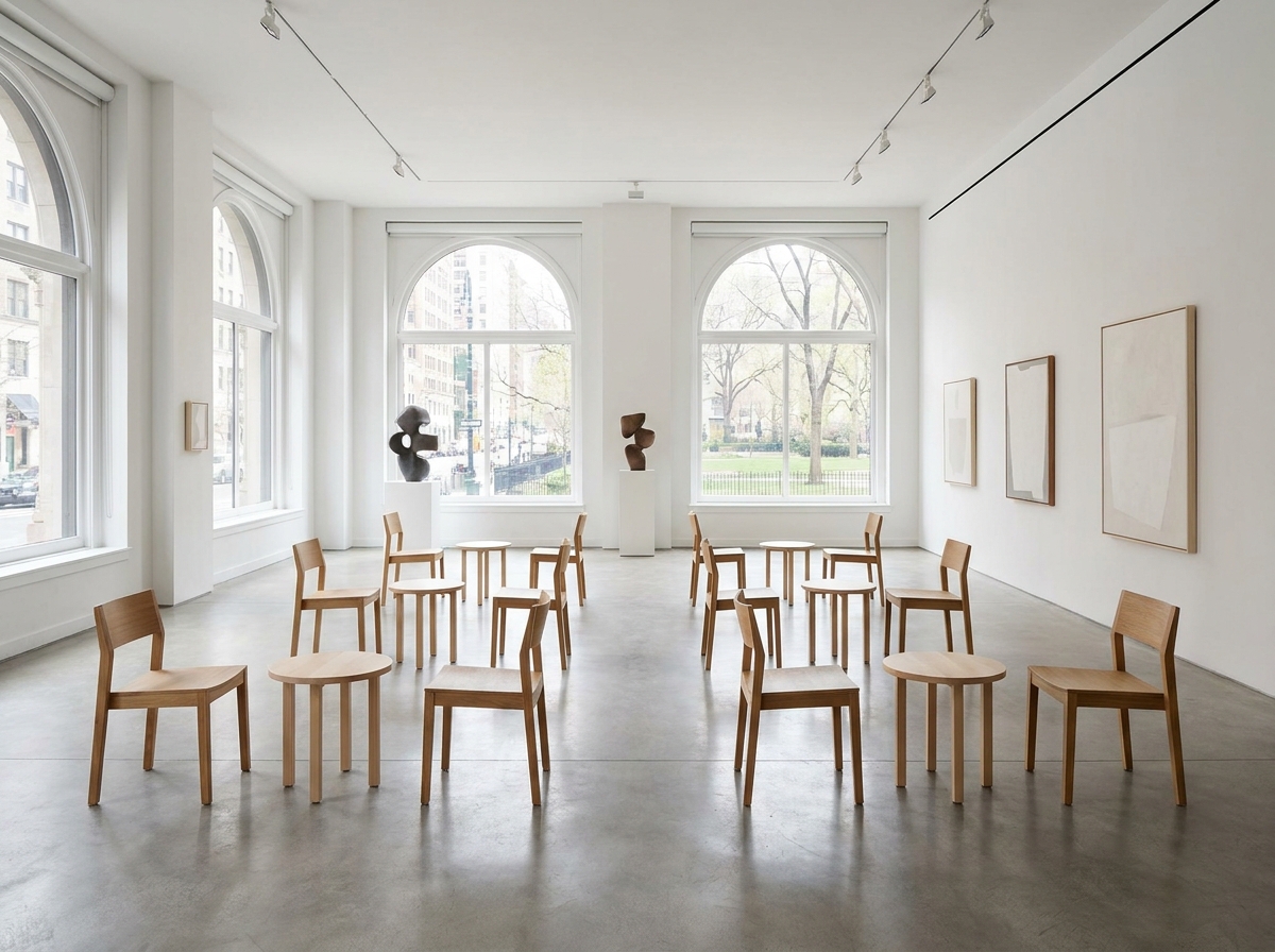 A modern gallery space configured with tables and chairs for a speed dating event.
