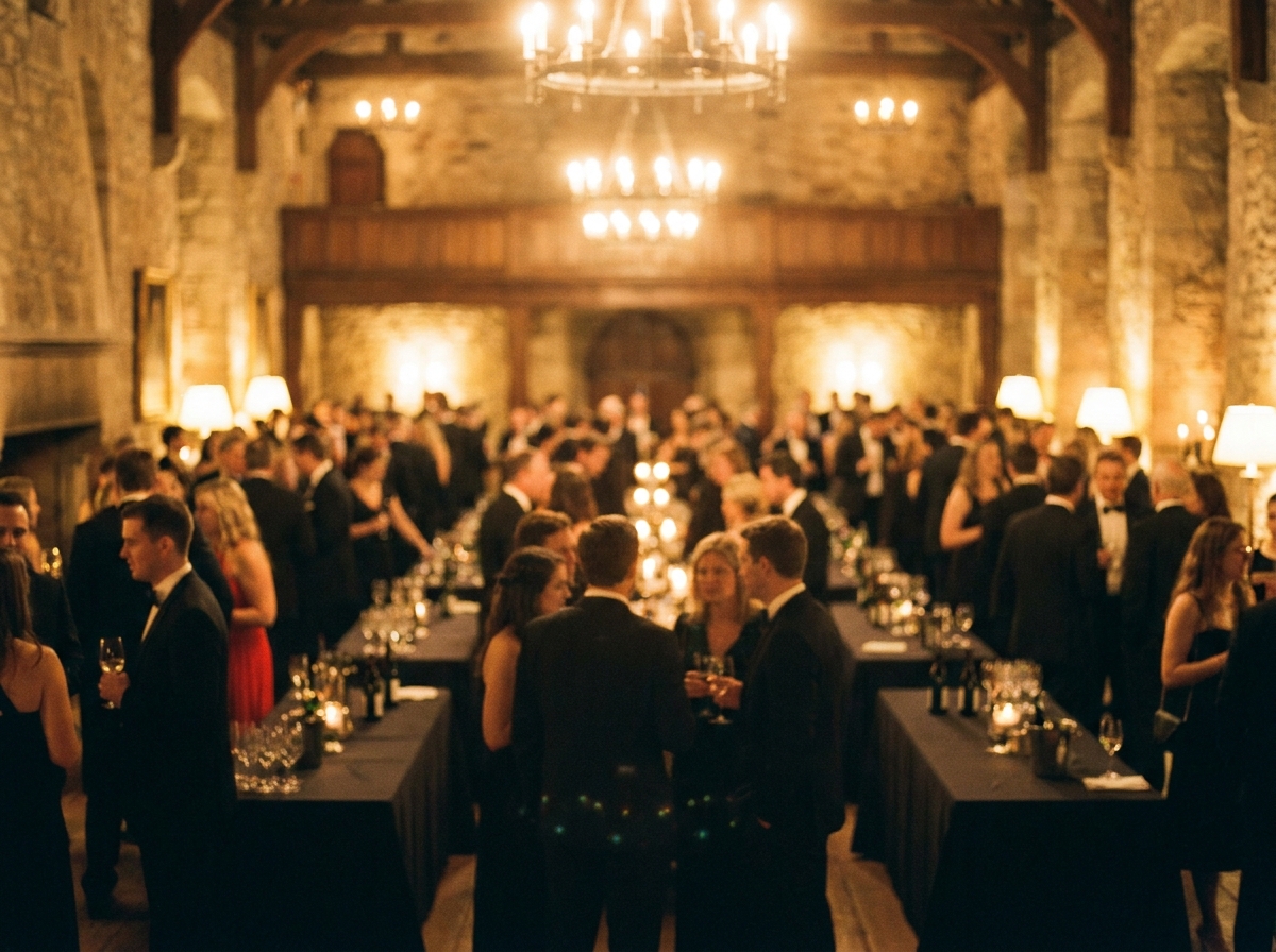A crowd of people enjoying a sophisticated spirits tasting event.