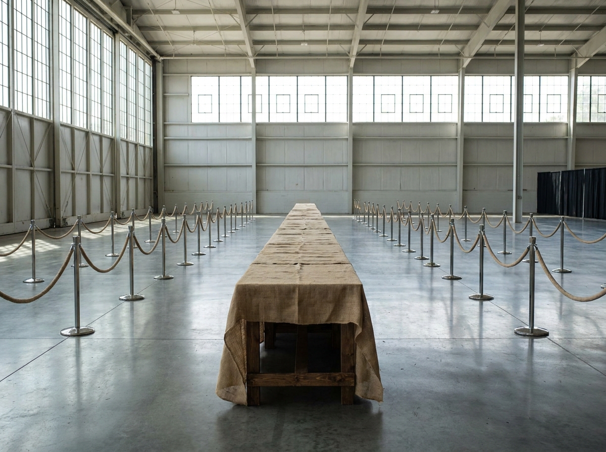 An organized and empty check-in area for a large spirits event.