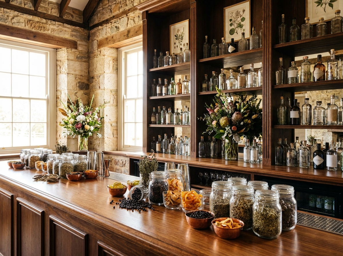 A beautifully arranged bar set up for a professional spirits tasting event.
