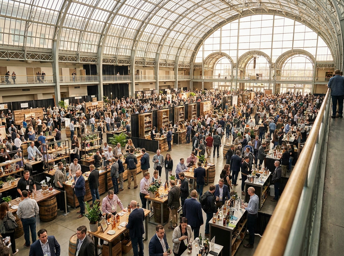 Aerial view of a packed spirits convention floor, showing the scale of the event.