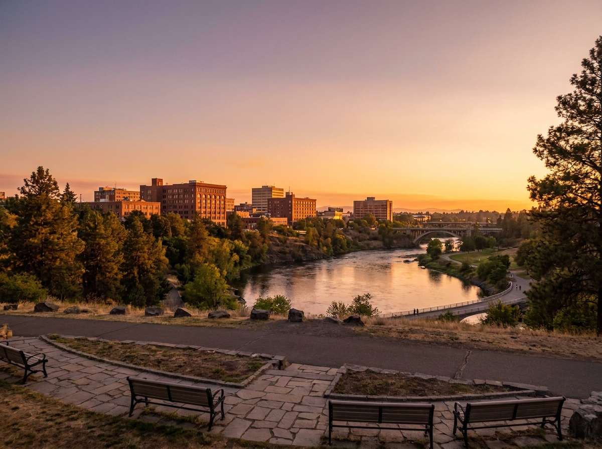 The Spokane city skyline at sunset, a backdrop for local comedy events.