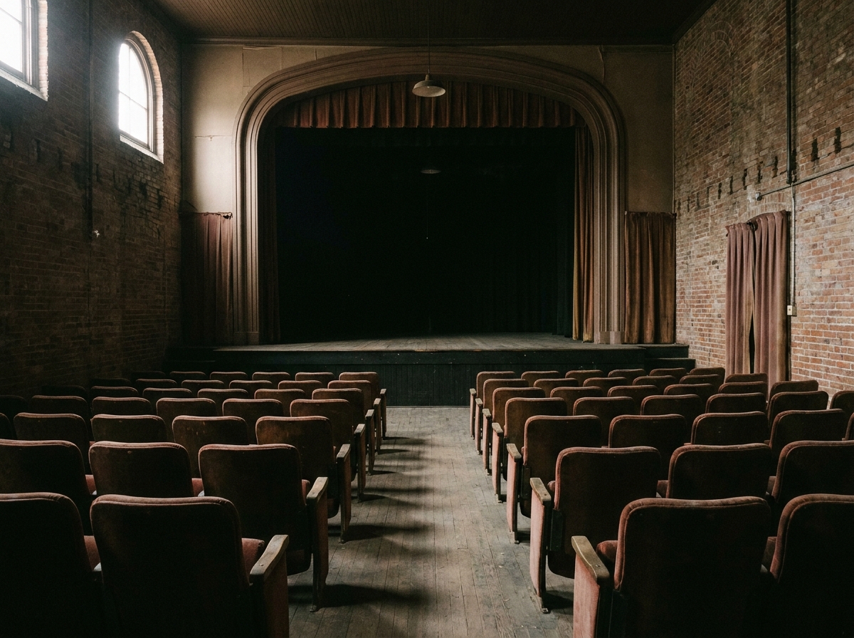 Rows of empty seats in a small Spokane theater before a comedy show.