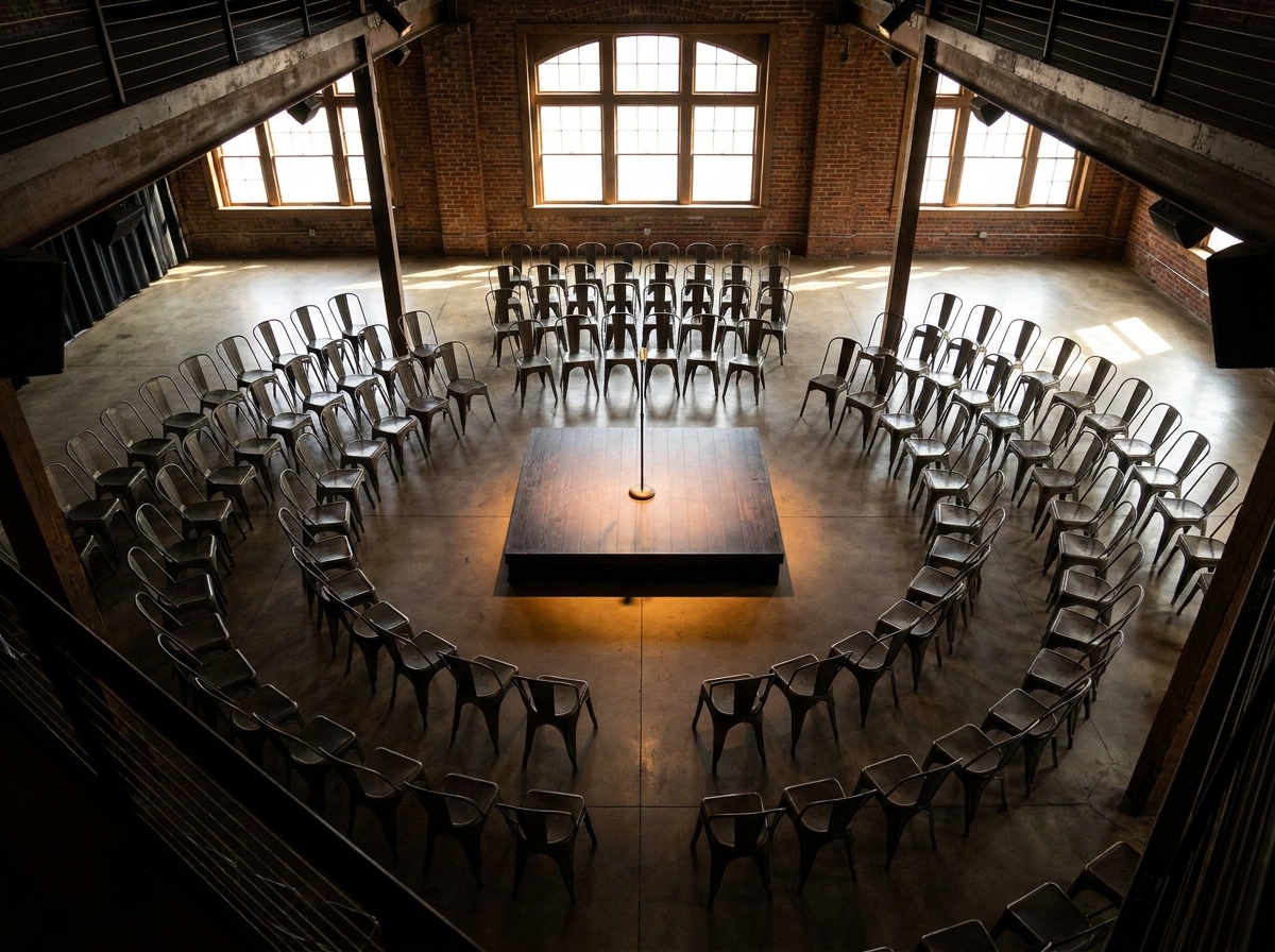 An empty performance space in Spokane, set up for a stand-up comedy show.