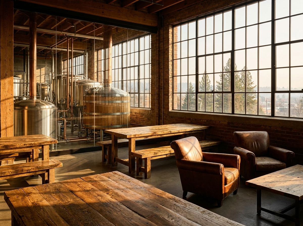 An empty brewery space in Spokane set up for a tasting event.