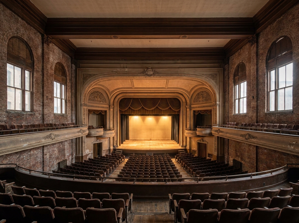 An empty historic theater in Spokane prepared for a show.
