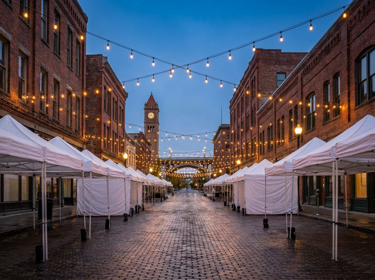 A downtown Spokane street being set up for a local festival.
