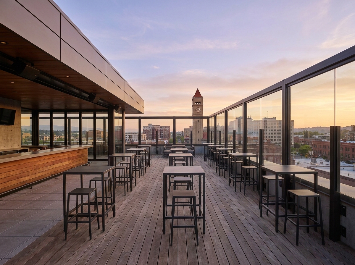 A rooftop venue in Spokane set for a professional networking event.