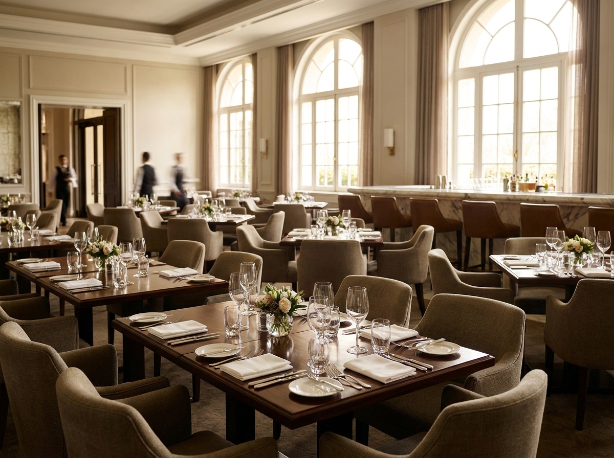 Restaurant tables set for a corporate networking lunch.