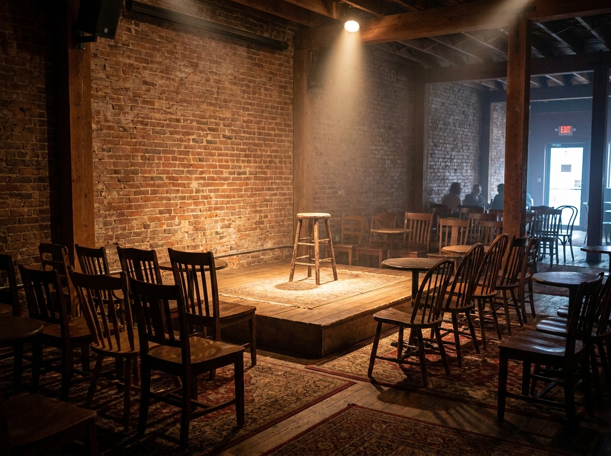 A stool on a small stage, ready for a stand-up comedy show.