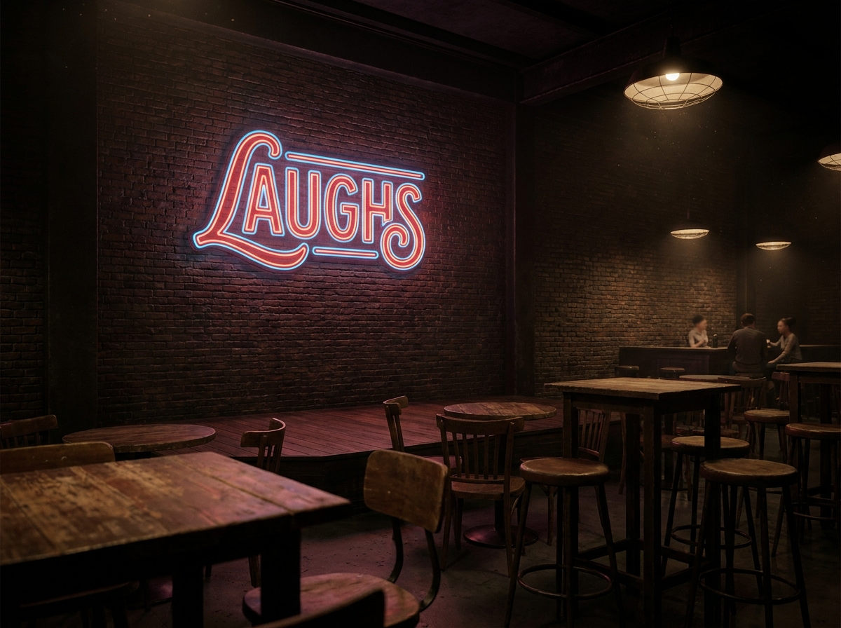 A neon sign for a comedy club, creating an inviting atmosphere.